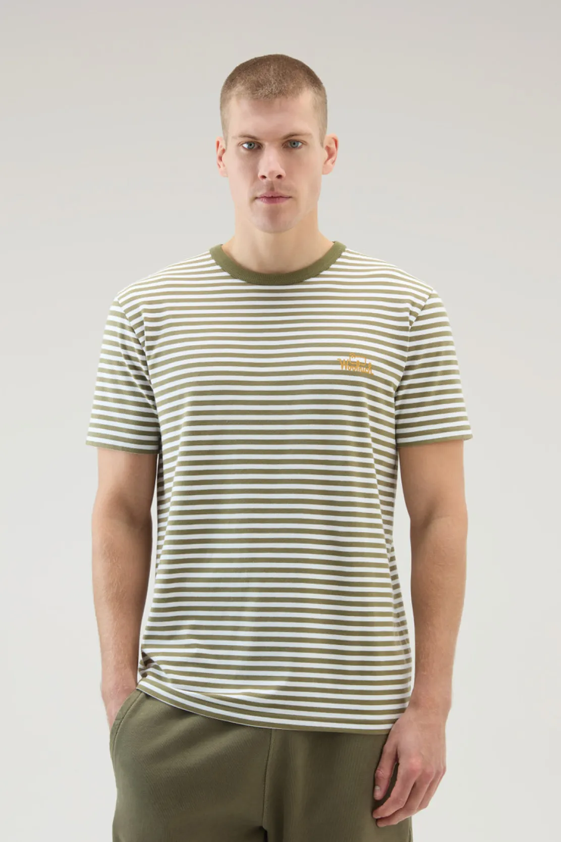 T-shirt>Woolrich T-shirt A Righe In Jersey Di Cotone Elasticizzato Green Stripe