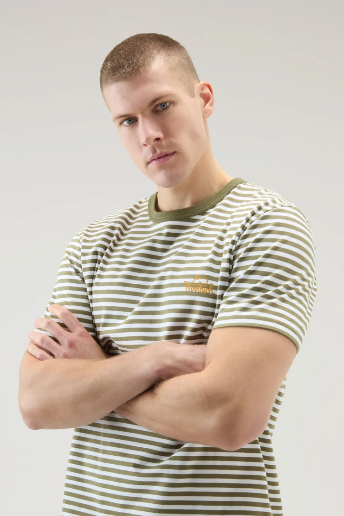 T-shirt>Woolrich T-shirt A Righe In Jersey Di Cotone Elasticizzato Green Stripe