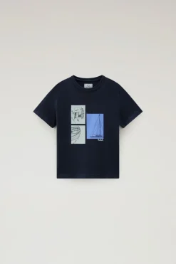 Abbigliamento>Woolrich T-shirt Da Bambino In Puro Cotone Con Stampa Grafica Melton Blue