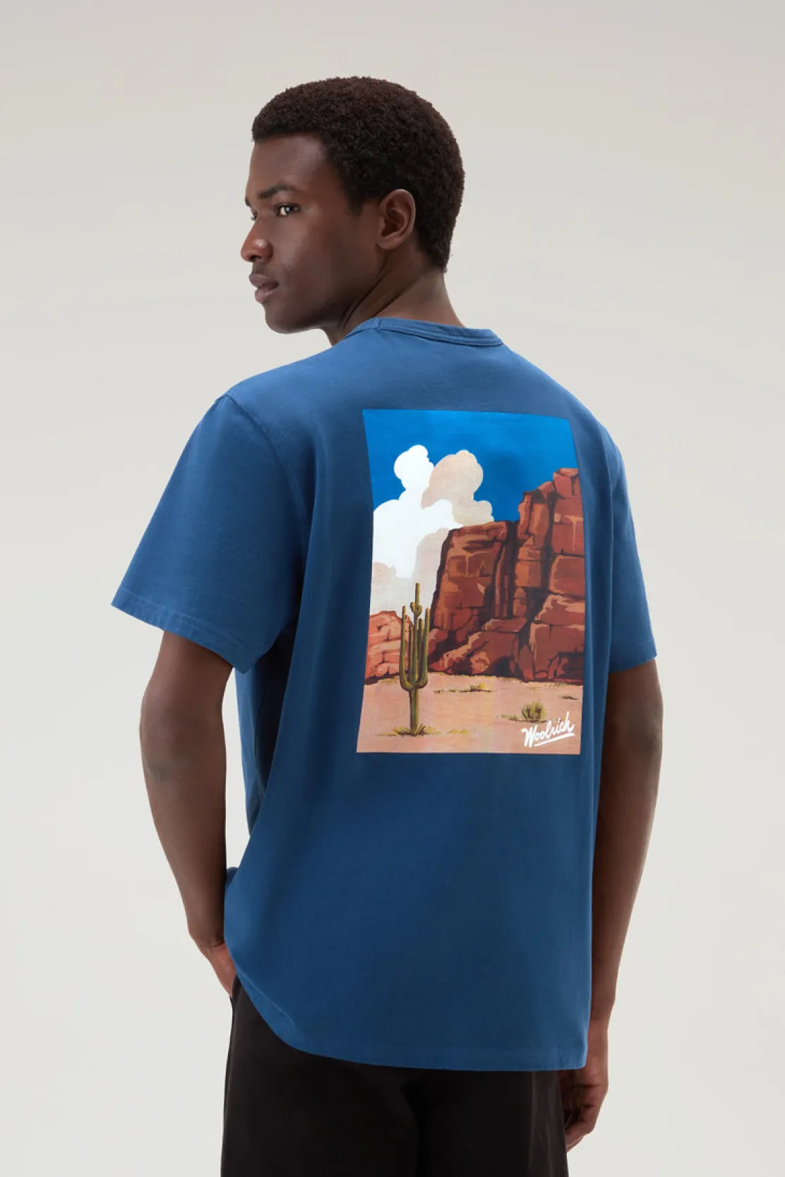 T-shirt>Woolrich T-shirt In Puro Cotone Con Grafica Western Sul Retro Blue Lobster