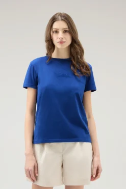 T-shirt e polo>Woolrich T-shirt In Puro Cotone Con Logo Ricamato Twilight Blue