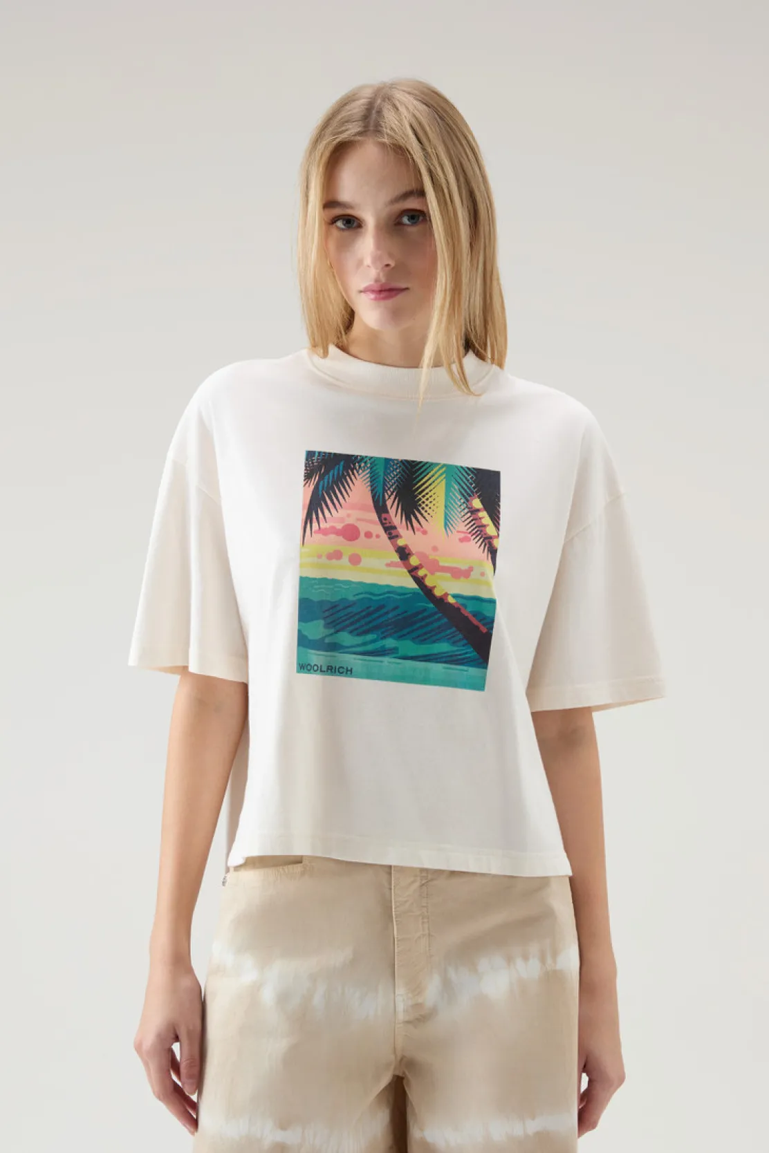 T-shirt e polo>Woolrich T-shirt In Puro Cotone Con Stampa Grafica Plaster White