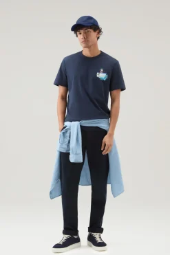 T-shirt>Woolrich T-shirt In Puro Cotone Con Stampa Grafica Melton Blue