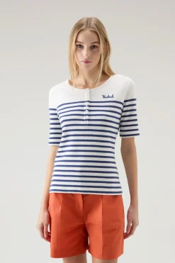 T-shirt e polo>Woolrich T-shirt Serafino In Puro Cotone A Righe Twilight Blue Stripe