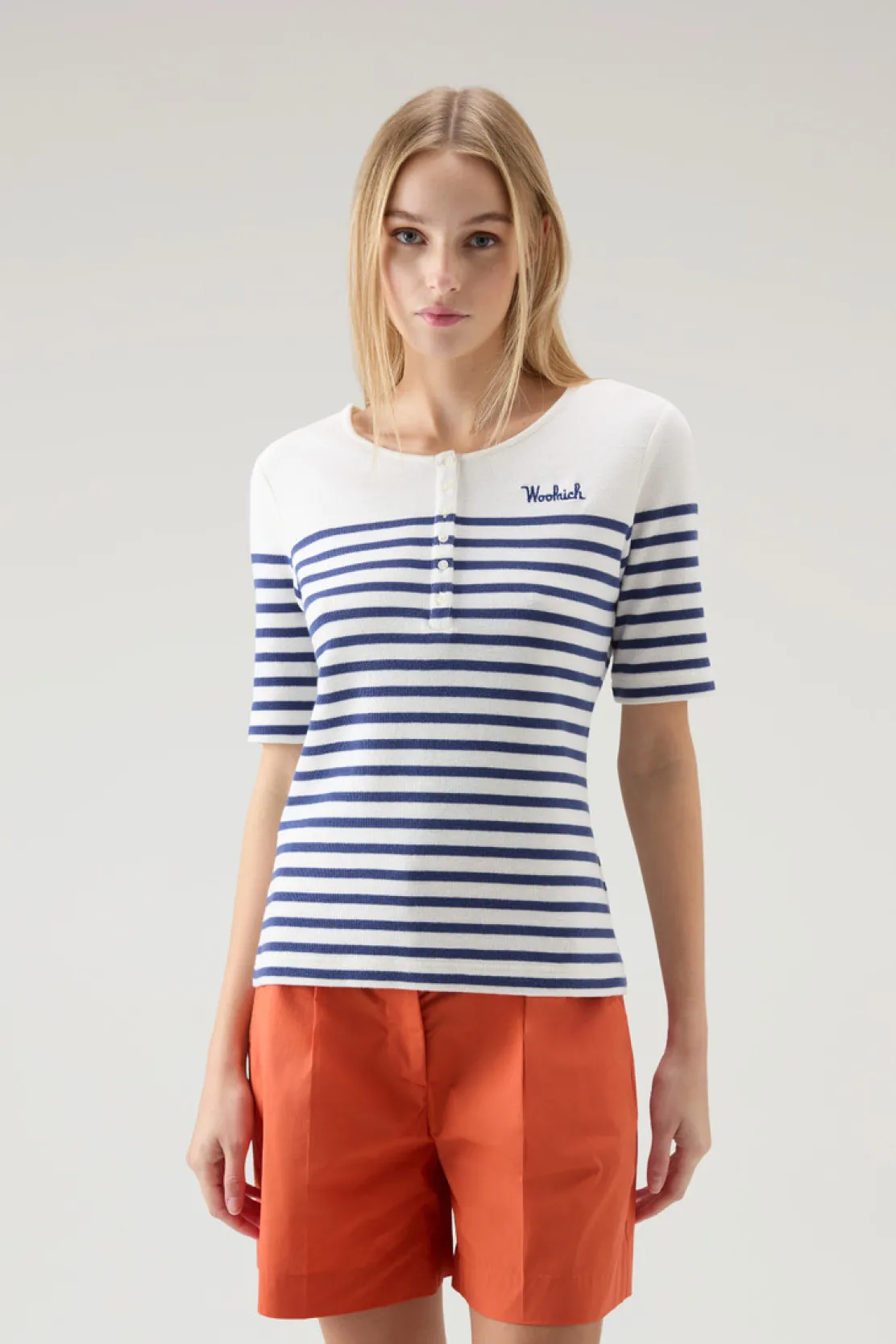 T-shirt e polo>Woolrich T-shirt Serafino In Puro Cotone A Righe Twilight Blue Stripe