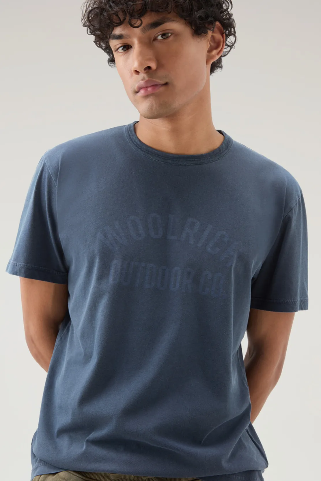 T-shirt>Woolrich T-shirt Tinta In Capo In Puro Cotone Con Stampa Melton Blue