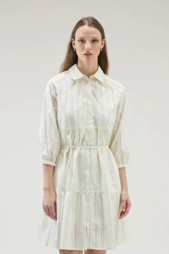 Vestiti e gonne>Woolrich Vestito Corto In Puro Cotone Ricamato Plaster White